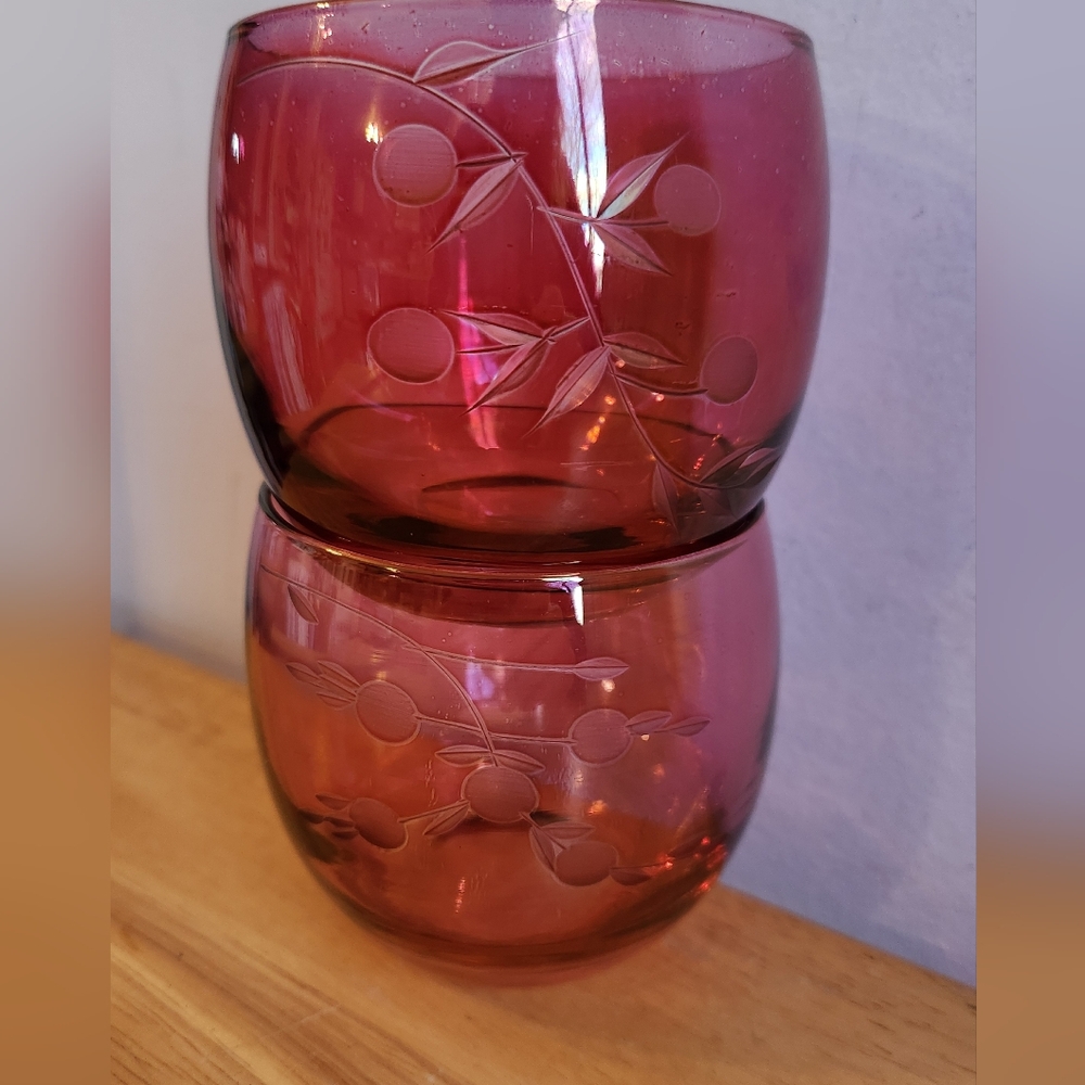 Antique Glass Roly Poly Cocktail Cut Etched Crystal Cranberry Whiskey Red Rose